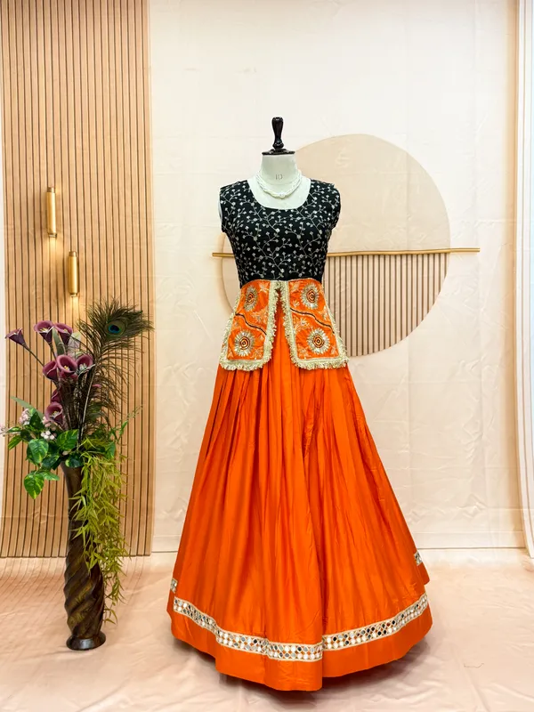 Elegant_Orange_Silk_Lehenga_with_Black_Embroidered_Blouse