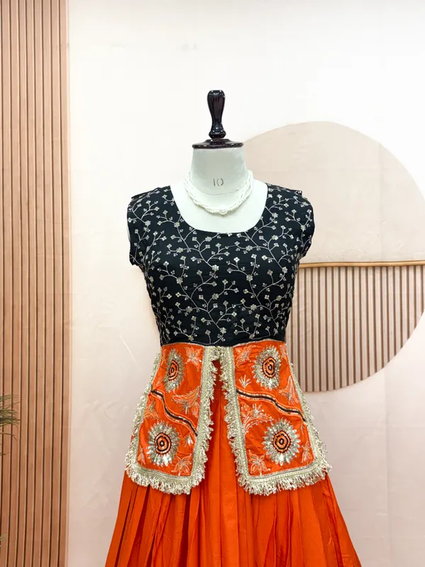 Elegant_Orange_Silk_Lehenga_with_Black_Embroidered_Blouse