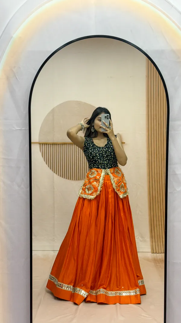 Elegant_Orange_Silk_Lehenga_with_Black_Embroidered_Blouse