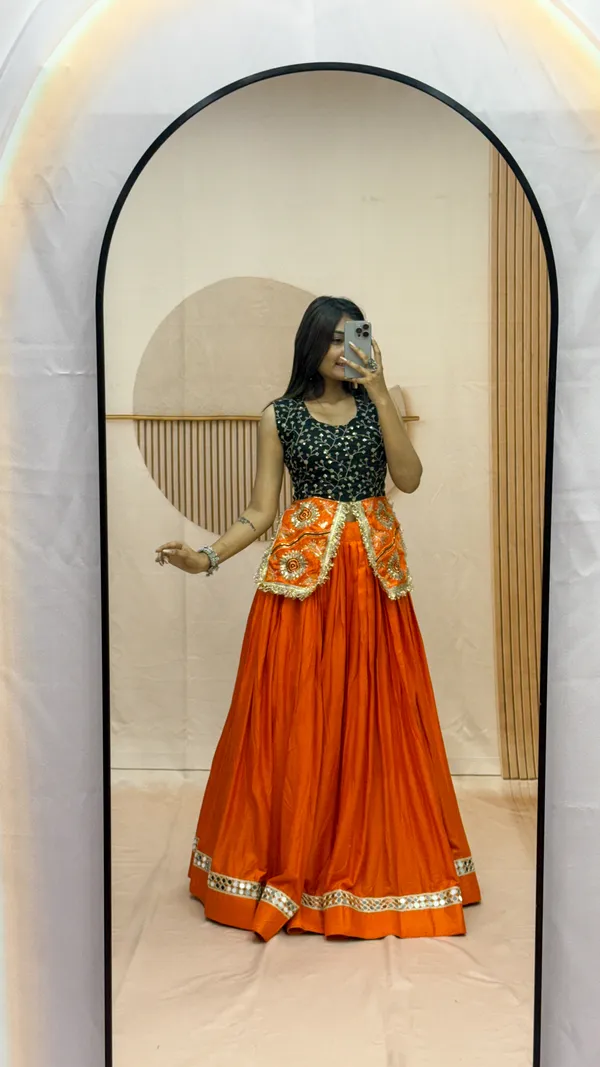 Elegant_Orange_Silk_Lehenga_with_Black_Embroidered_Blouse