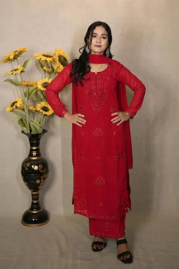 Elegant_Red_Embroidered_Georgette_Chikankari_Kurta_Set_with_Dupatta
