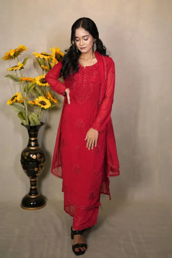Elegant_Red_Embroidered_Georgette_Chikankari_Kurta_Set_with_Dupatta