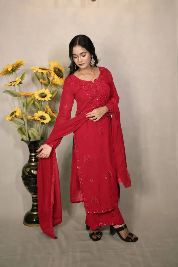 Elegant_Red_Embroidered_Georgette_Chikankari_Kurta_Set_with_Dupatta