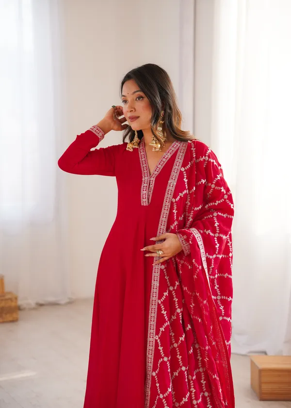 Elegant_Ruby_Red_Embroidered_Anarkali_Gown_with_Matching_Designer_Dupatta