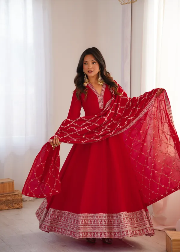 Elegant_Ruby_Red_Embroidered_Anarkali_Gown_with_Matching_Designer_Dupatta