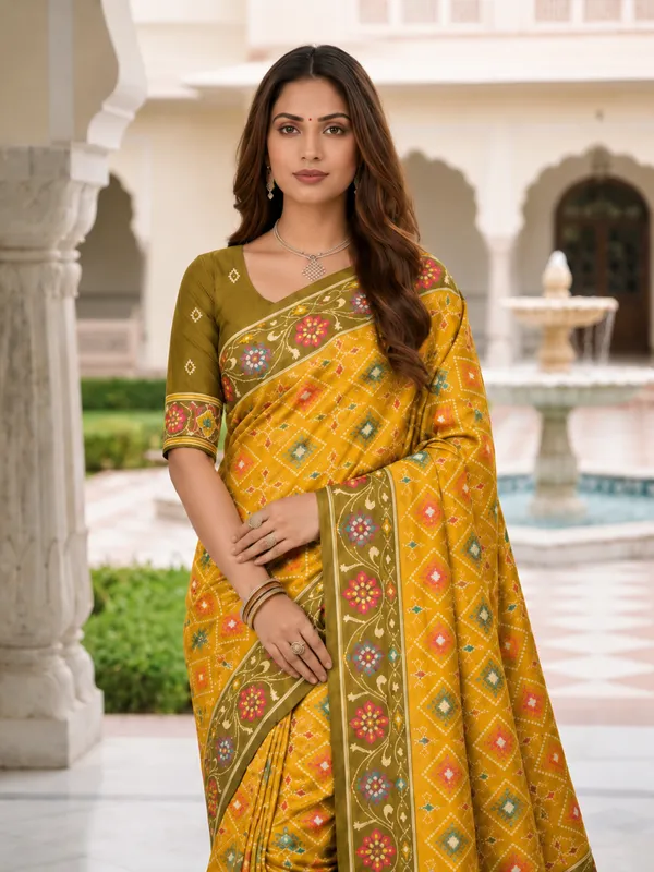 Elegant_Yellow_Patola-Inspired_Printed_Saree_with_Contrast_Border