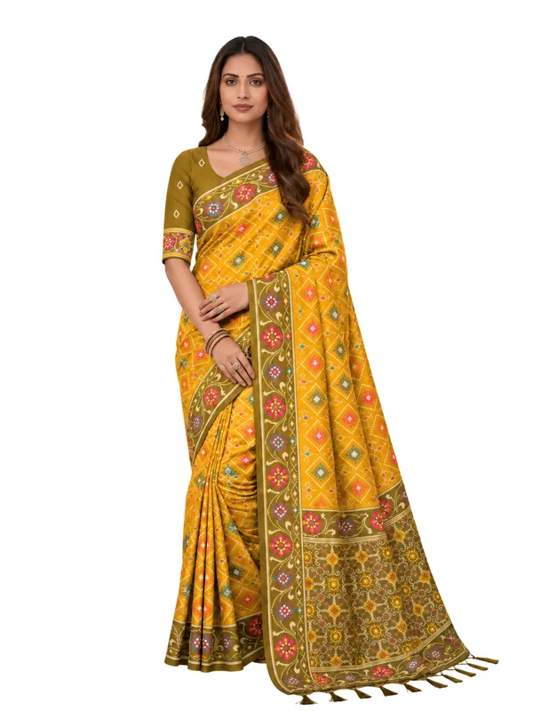 Elegant_Yellow_Patola-Inspired_Printed_Saree_with_Contrast_Border