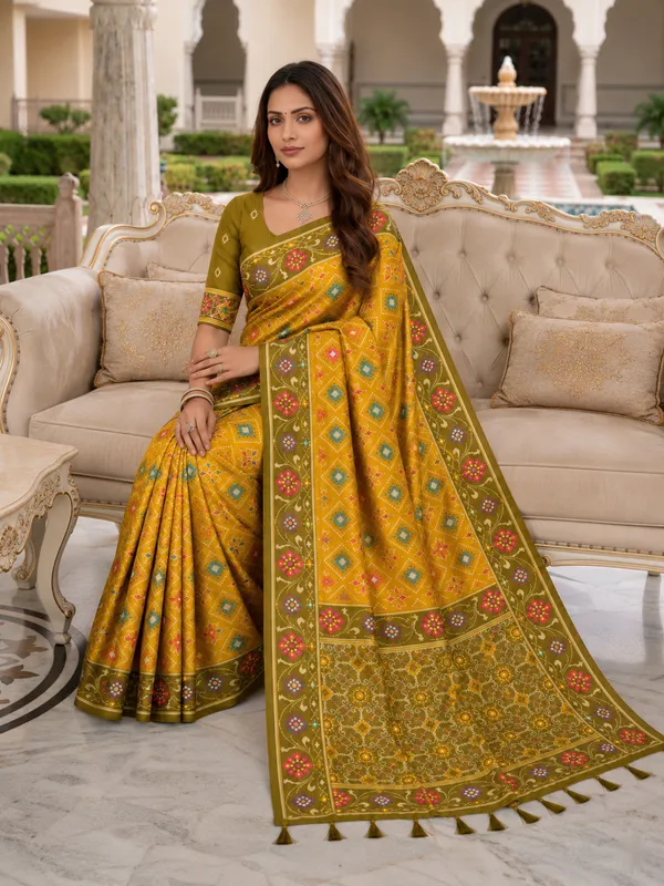 Elegant_Yellow_Patola-Inspired_Printed_Saree_with_Contrast_Border