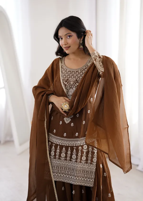 Embroidered_Brown_Georgette_Kurta,_Sharara_&_Dupatta_Set