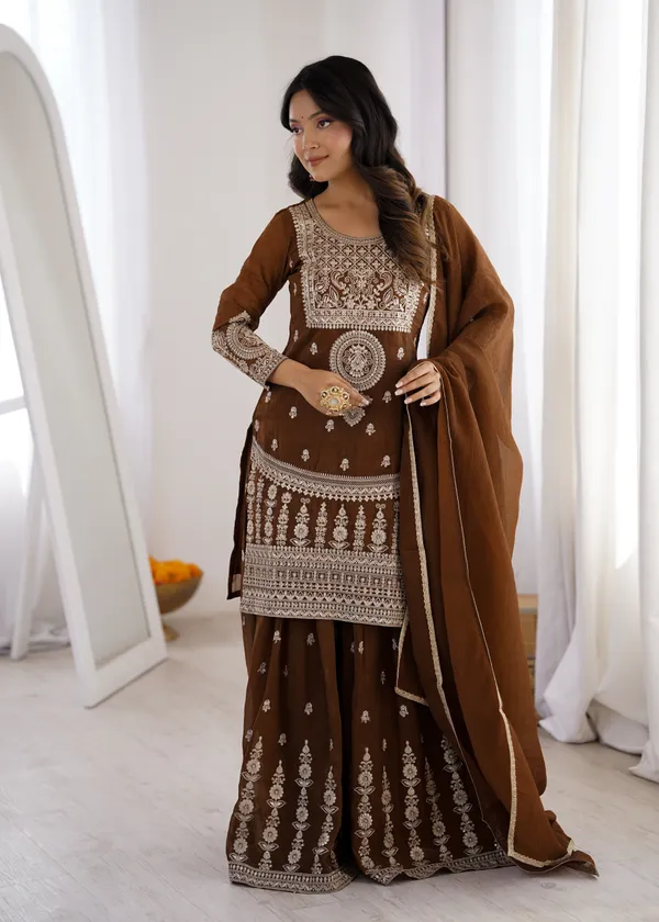 Embroidered_Brown_Georgette_Kurta,_Sharara_&_Dupatta_Set