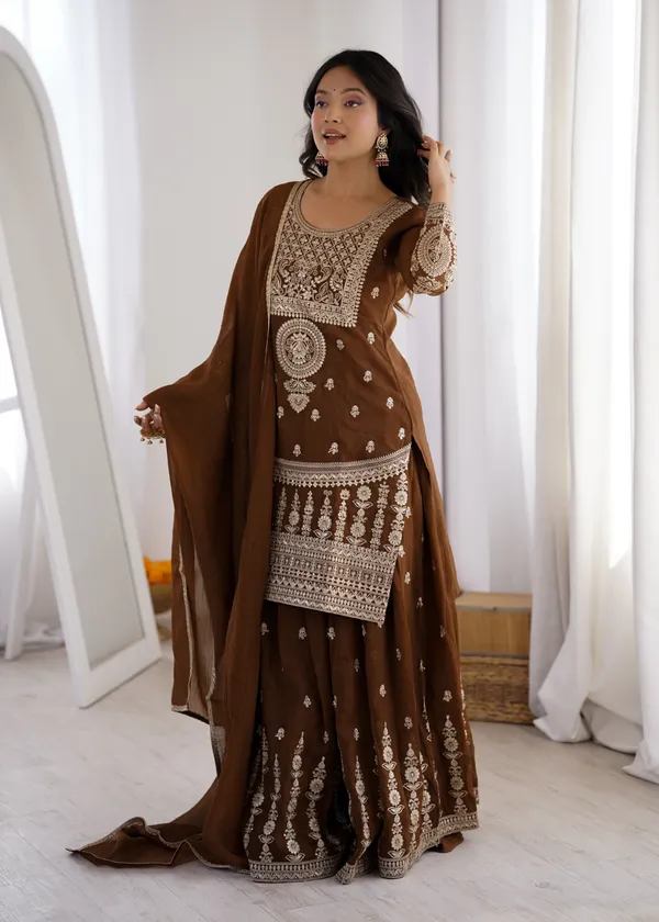 Embroidered_Brown_Georgette_Kurta,_Sharara_&_Dupatta_Set