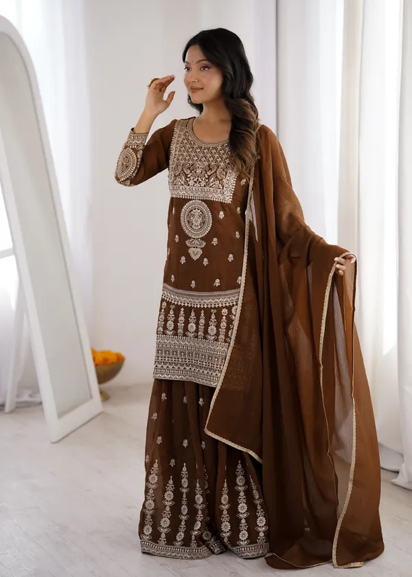 Embroidered_Brown_Georgette_Kurta,_Sharara_&_Dupatta_Set
