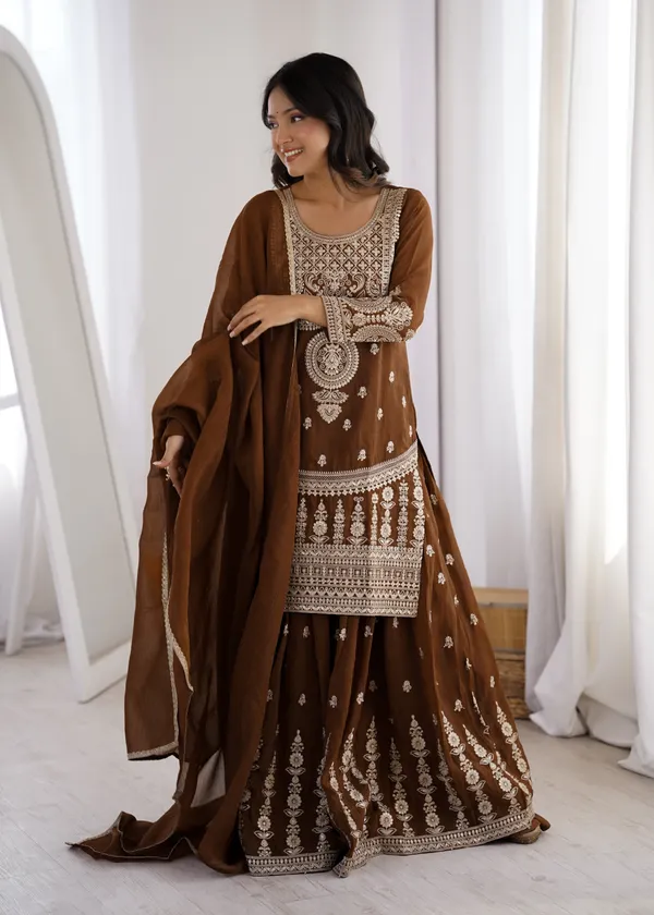 Embroidered_Brown_Georgette_Kurta,_Sharara_&_Dupatta_Set