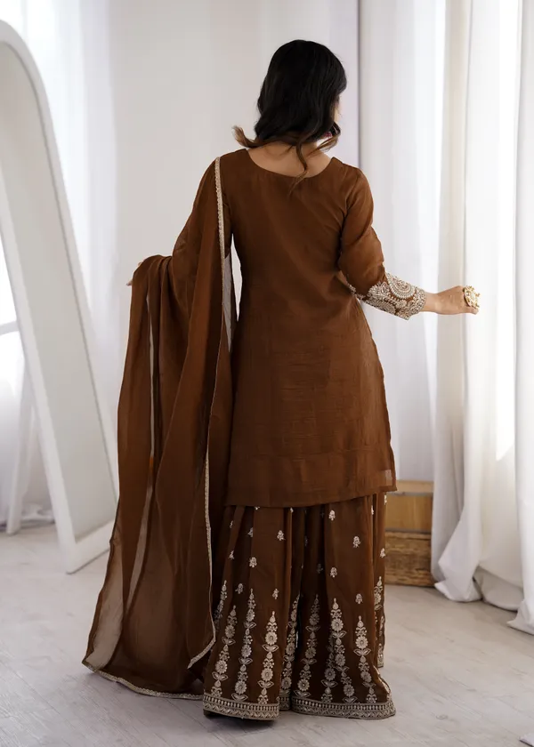 Embroidered_Brown_Georgette_Kurta,_Sharara_&_Dupatta_Set
