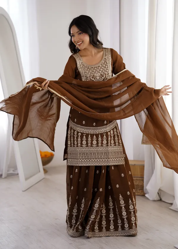Embroidered_Brown_Georgette_Kurta,_Sharara_&_Dupatta_Set