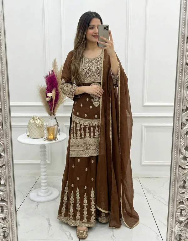 Embroidered_Brown_Georgette_Kurta,_Sharara_&_Dupatta_Set
