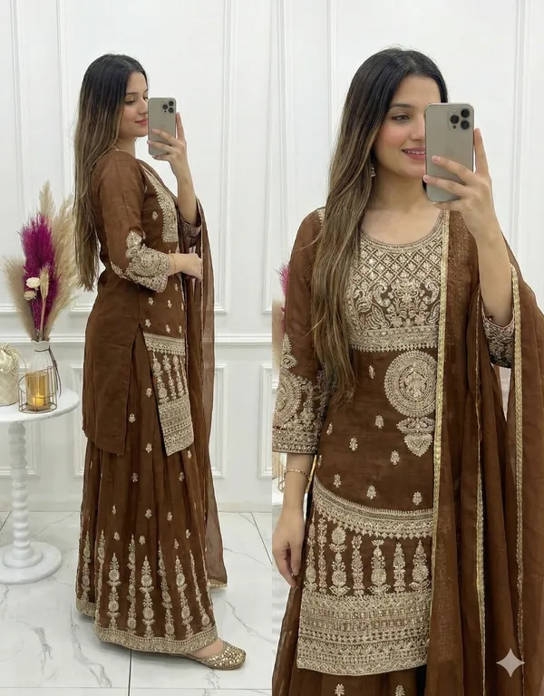 Embroidered_Brown_Georgette_Kurta,_Sharara_&_Dupatta_Set