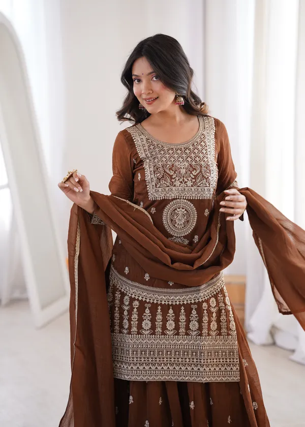 Embroidered_Brown_Georgette_Kurta,_Sharara_&_Dupatta_Set