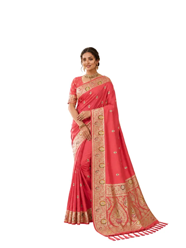Gajri_Pink_Banarasi_Silk_Saree_with_Intricate_Gold_Zari_&_Floral_Border