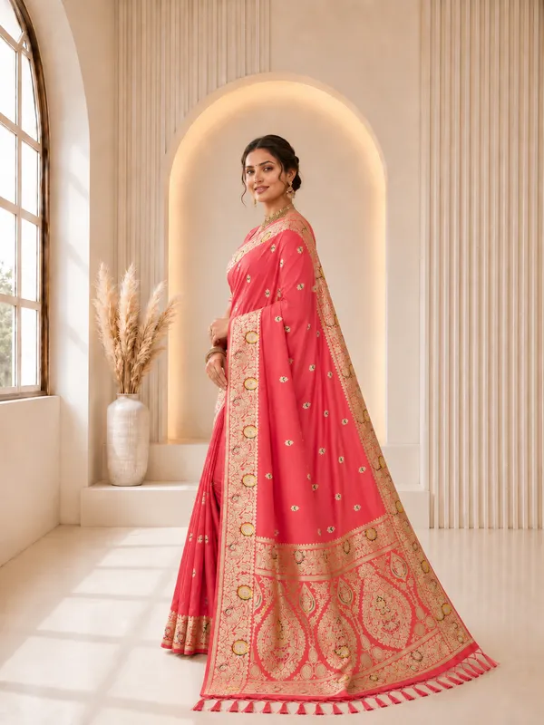 Gajri_Pink_Banarasi_Silk_Saree_with_Intricate_Gold_Zari_&_Floral_Border