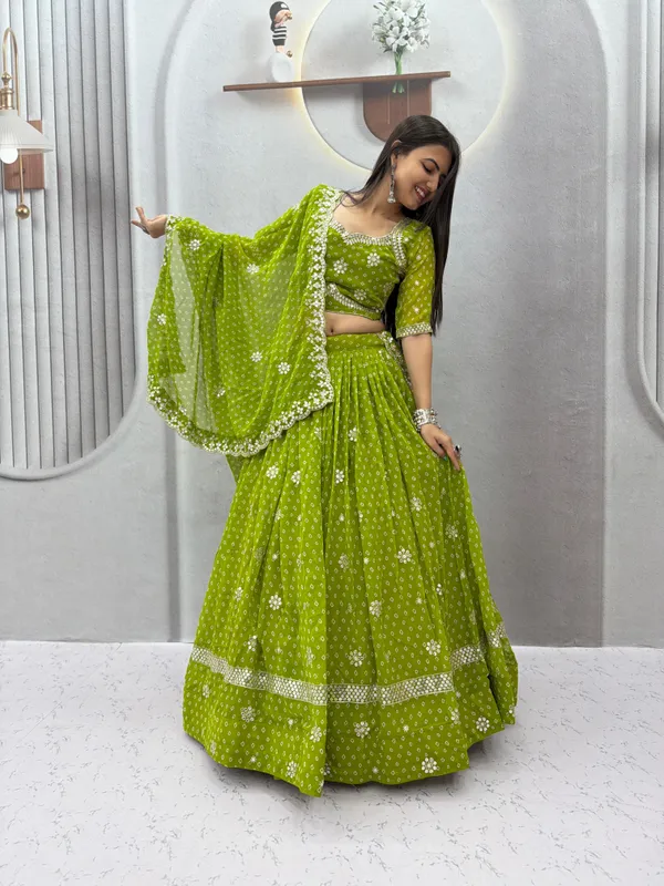 Green_Bandhani_Print_Lehenga_Choli_with_Dupatta_|_Traditional_Festive_Wear_Set