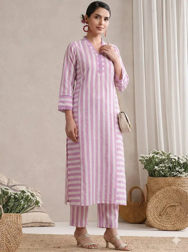 Lavender_Striped_Cotton_Kurta_&_Straight_Pant_Set