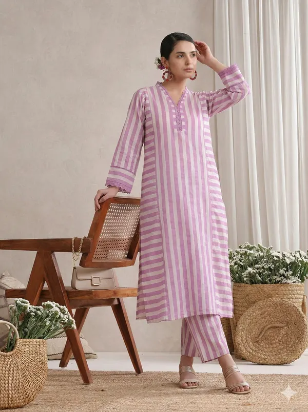 Lavender_Striped_Cotton_Kurta_&_Straight_Pant_Set