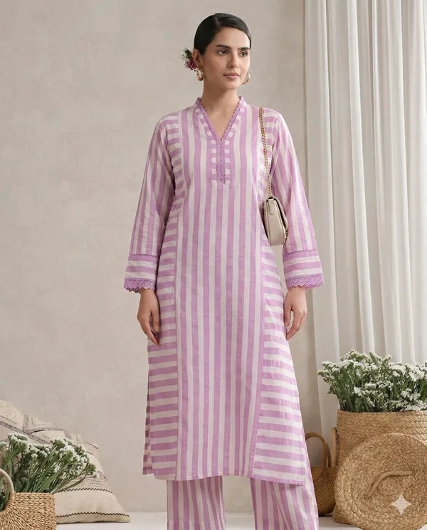Lavender_Striped_Cotton_Kurta_&_Straight_Pant_Set