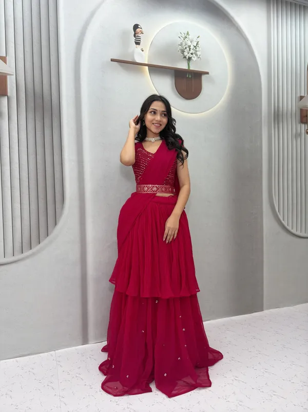 Magenta_Embellished_Draped_Lehenga_Choli_Set_With_Dupatta