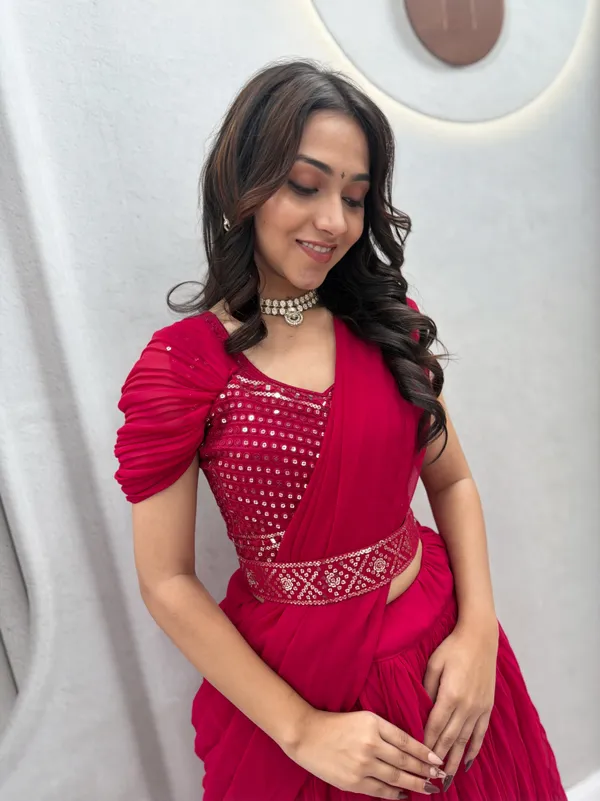 Magenta_Embellished_Draped_Lehenga_Choli_Set_With_Dupatta