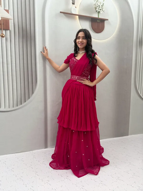 Magenta_Embellished_Draped_Lehenga_Choli_Set_With_Dupatta