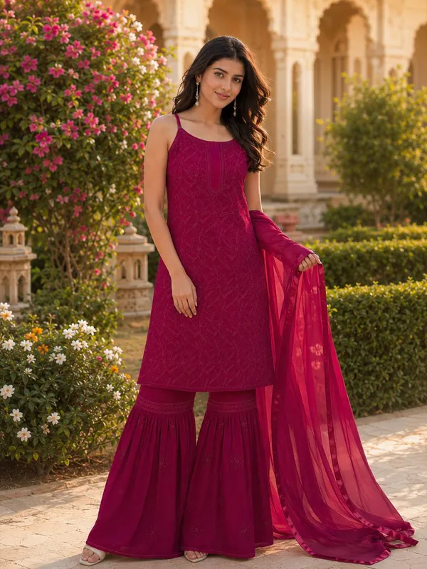 Magenta_Embroidered_Spaghetti_Strap_Kurta_Set_with_Sharara_&_Dupatta
