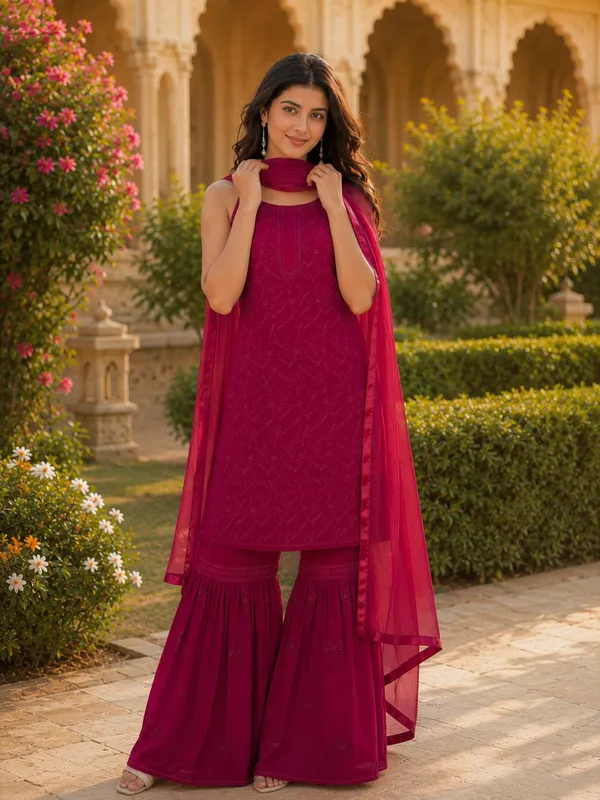 Magenta_Embroidered_Spaghetti_Strap_Kurta_Set_with_Sharara_&_Dupatta