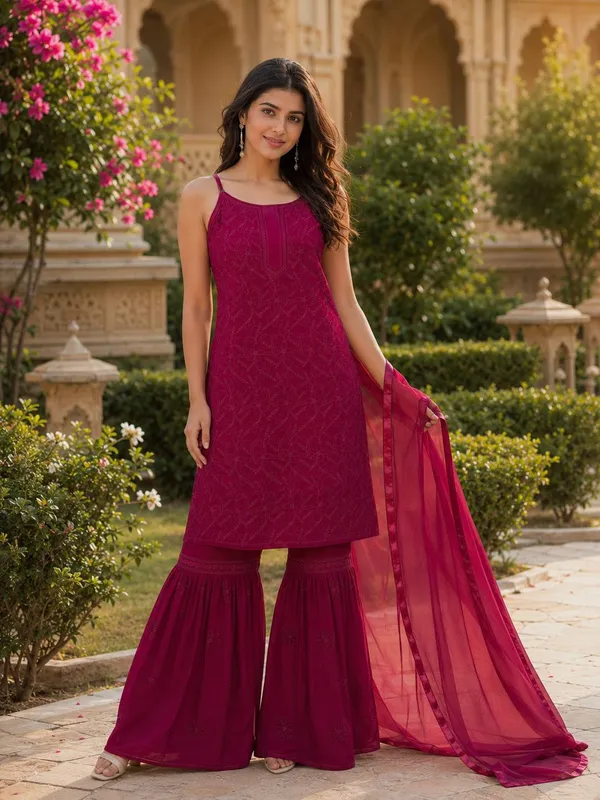 Magenta_Embroidered_Spaghetti_Strap_Kurta_Set_with_Sharara_&_Dupatta