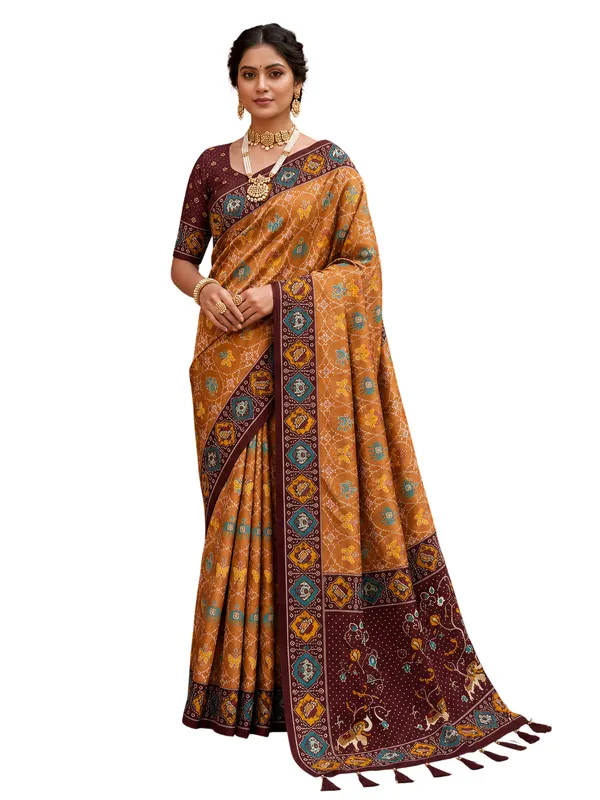 Maroon_Ajrakh_Printed_Designer_Patola_Saree_with_Contrast_Border_&_Tassel_Pallu
