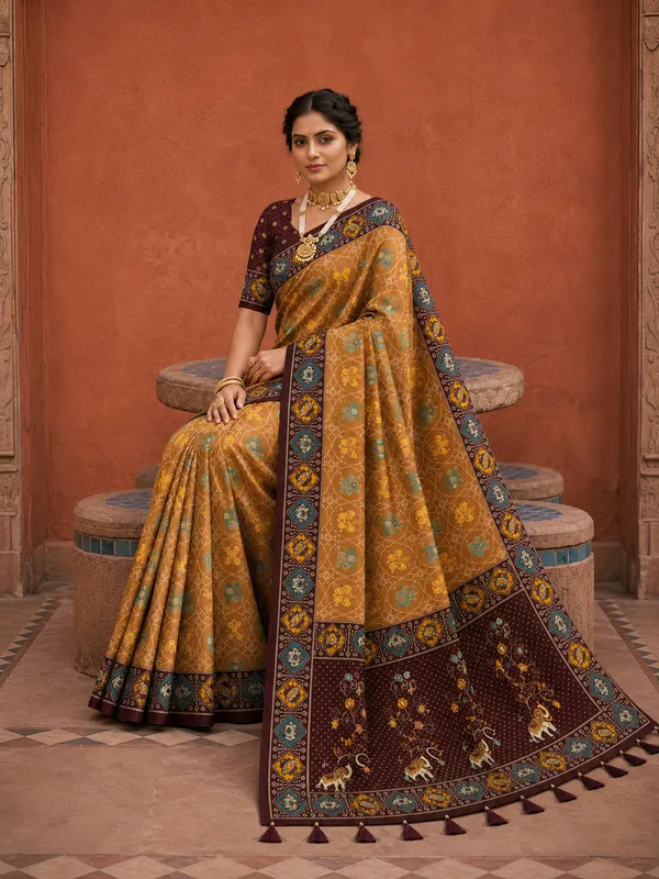 Maroon_Ajrakh_Printed_Designer_Patola_Saree_with_Contrast_Border_&_Tassel_Pallu