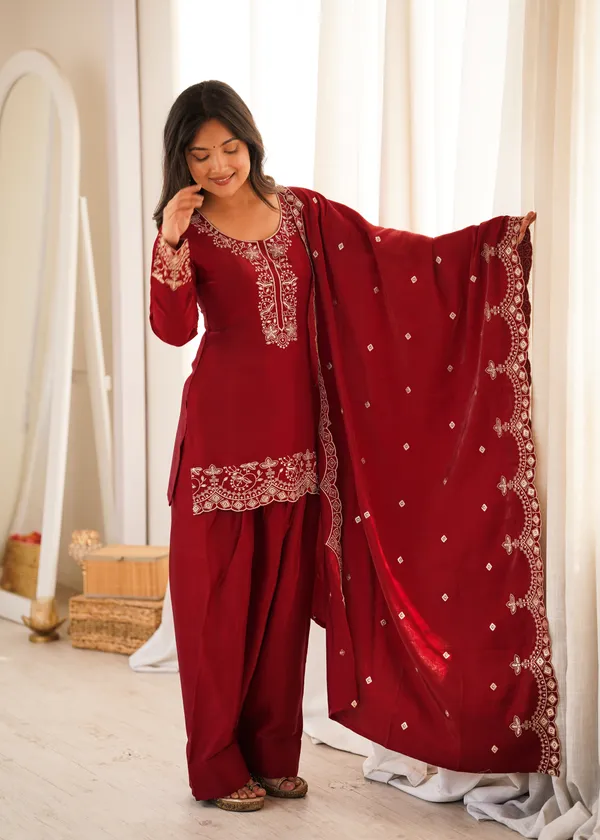Maroon_Embroidered_Kurti_with_Trousers_&_Cutwork_Dupatta_Set