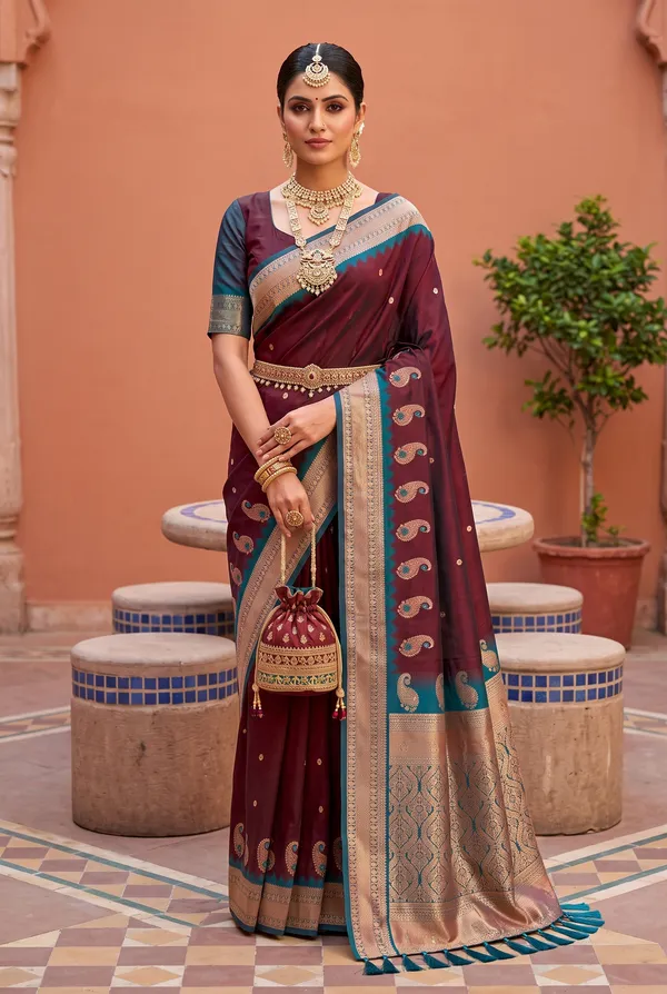 Maroon_&_Peacock_Blue_Dual-Tone_Silk_Saree_with_Zari_Weave