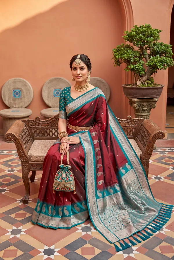 Maroon_&_Peacock_Blue_Dual-Tone_Silk_Saree_with_Zari_Weave