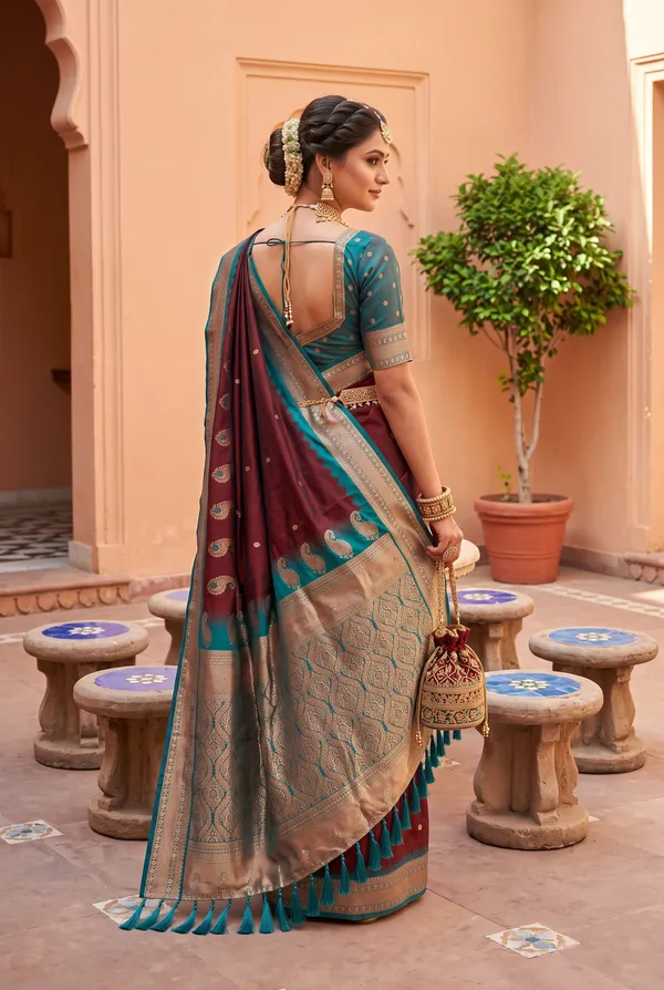 Maroon_&_Peacock_Blue_Dual-Tone_Silk_Saree_with_Zari_Weave
