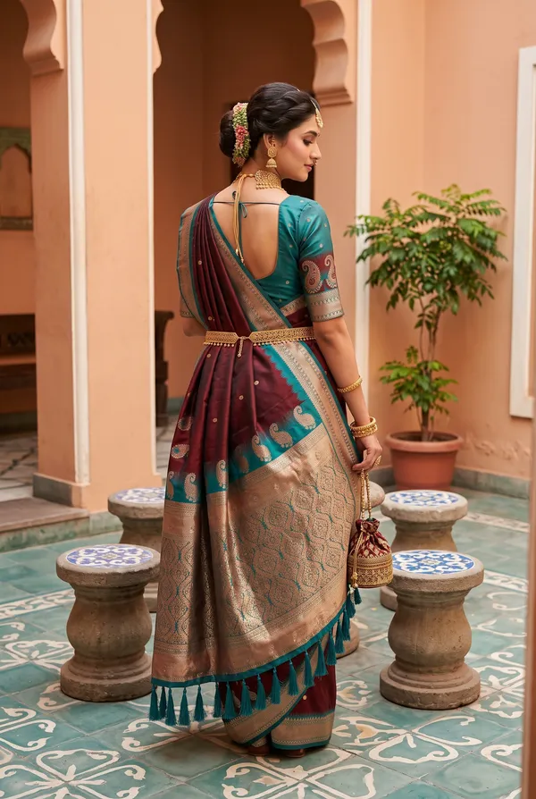 Maroon_&_Peacock_Blue_Dual-Tone_Silk_Saree_with_Zari_Weave