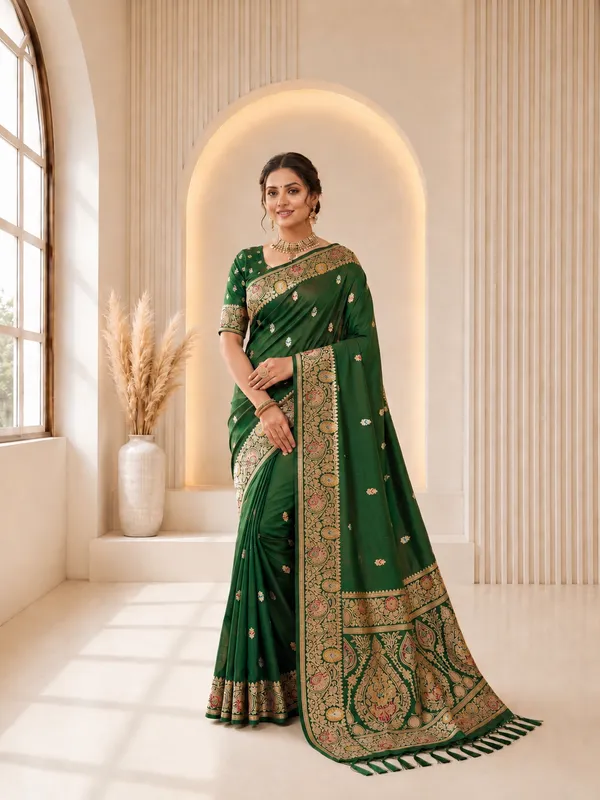 Mehendi_Banarasi_Silk_Saree_with_Intricate_Gold_Zari_&_Floral_Border