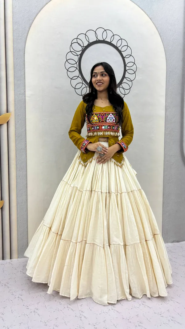 Mehendi_&_Ivory_Kutch_Embroidered_Traditional_Lehenga_Choli_Set_with_Mirror_&_Shell_Detailing