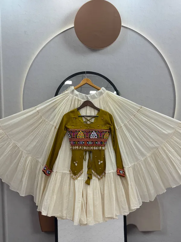 Mehendi_&_Ivory_Kutch_Embroidered_Traditional_Lehenga_Choli_Set_with_Mirror_&_Shell_Detailing