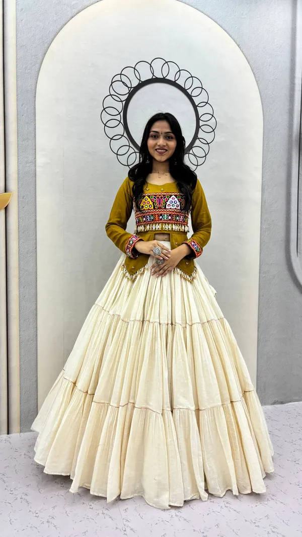 Mehendi_&_Ivory_Kutch_Embroidered_Traditional_Lehenga_Choli_Set_with_Mirror_&_Shell_Detailing
