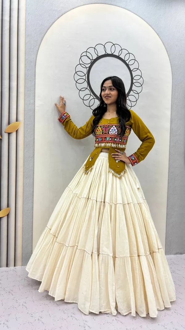 Mehendi_&_Ivory_Kutch_Embroidered_Traditional_Lehenga_Choli_Set_with_Mirror_&_Shell_Detailing