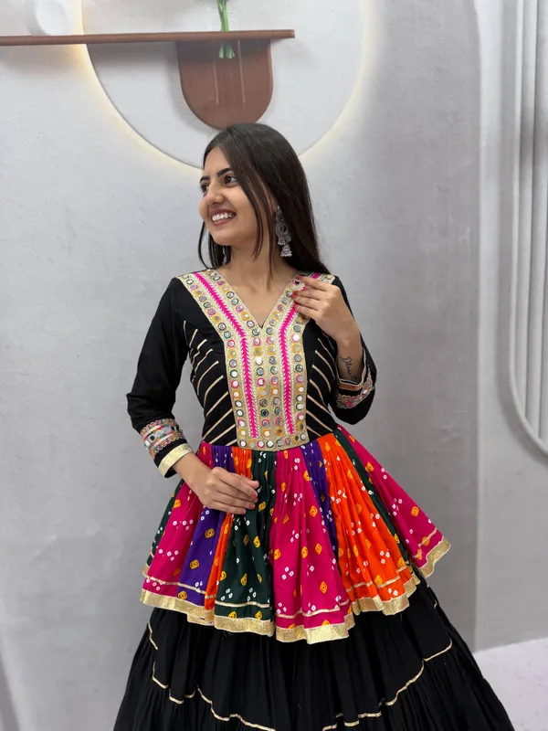 Multi-Color_Bandhani_Printed_Kediyu_Kurti_with_Tiered_Black_Lehenga
