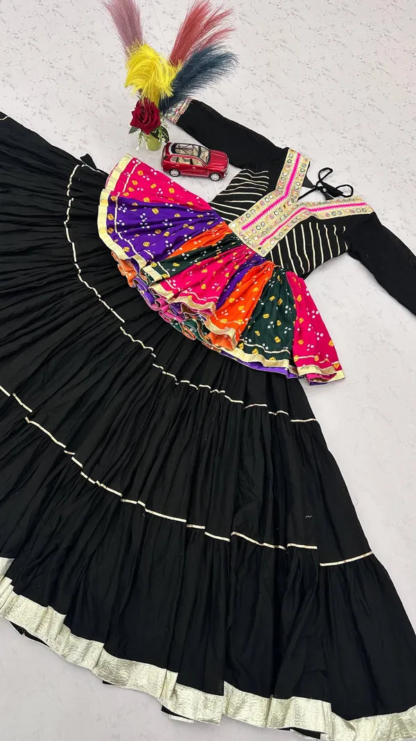 Multi-Color_Bandhani_Printed_Kediyu_Kurti_with_Tiered_Black_Lehenga