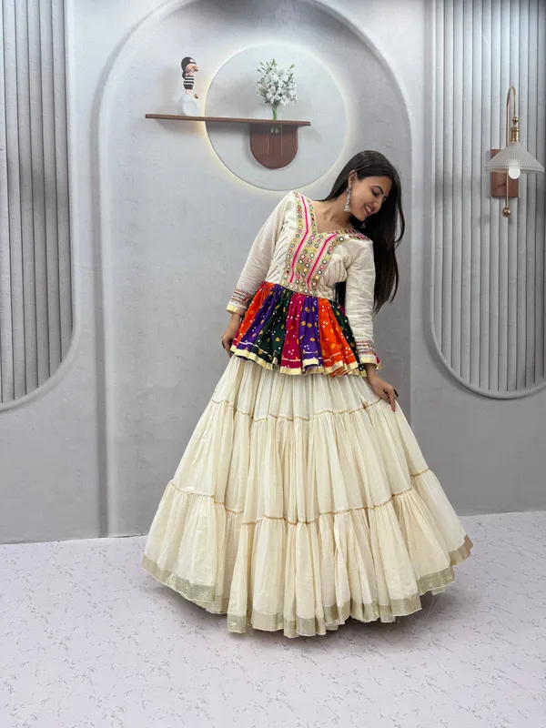 Multi-Color_Bandhani_Printed_Kediyu_Kurti_with_Tiered_White_Lehenga