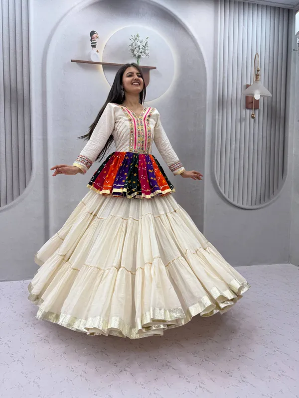 Multi-Color_Bandhani_Printed_Kediyu_Kurti_with_Tiered_White_Lehenga